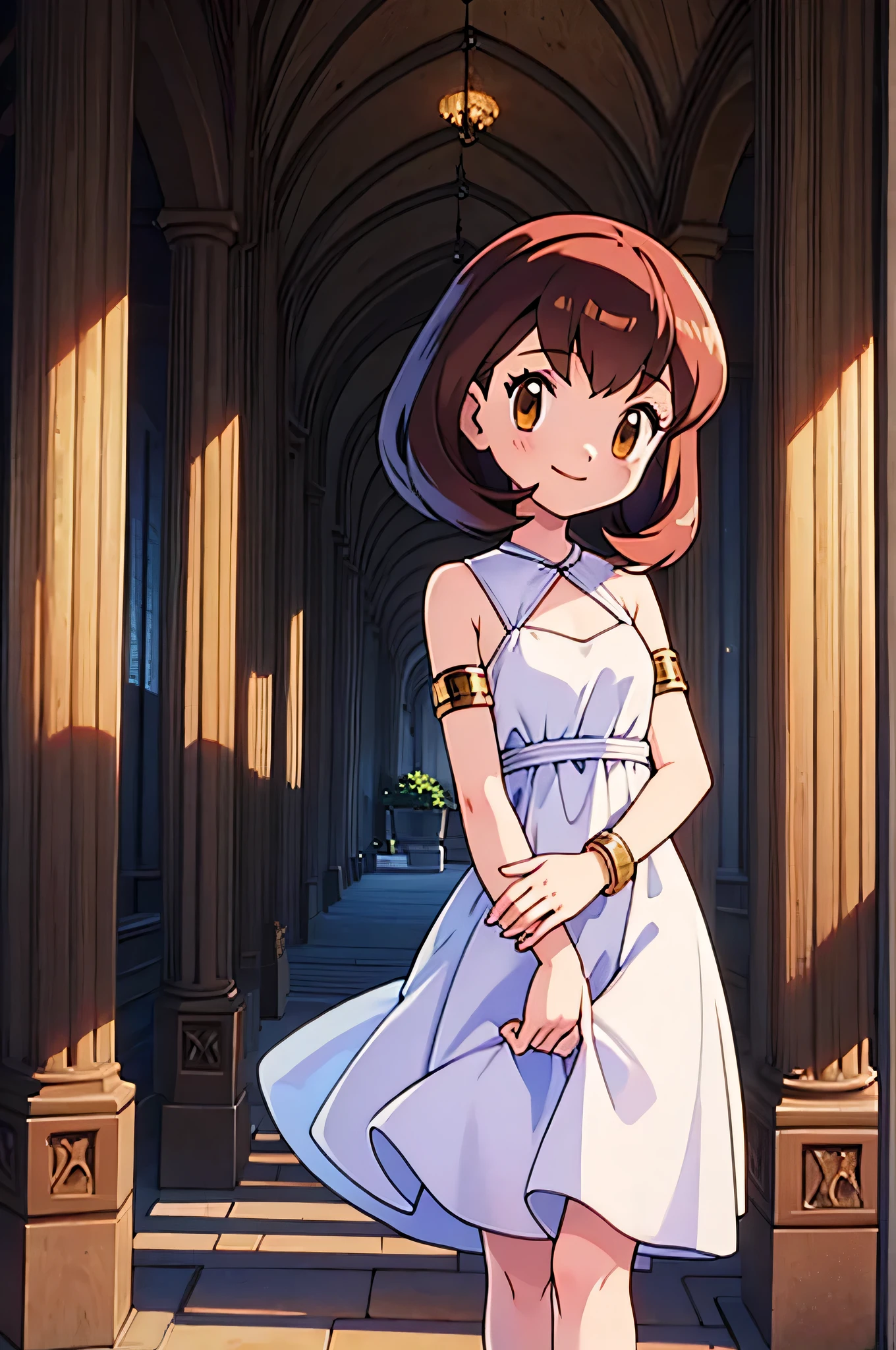 masterpiece, best quality, ultra-detailed, illustration, beautiful detailed eyes, very detailed illustration, cinematic lighting, 1 girl, solo, Pokemon Heroes (Bianca), Brown Hair, brown eyes, bare shoulders, greek clothes, peplos, armlet, see-through, arch, pillar, standing near a column, overgrown, vines, blue sky, arms behind back, smile, Close up, looking at viewers, far from the bottom