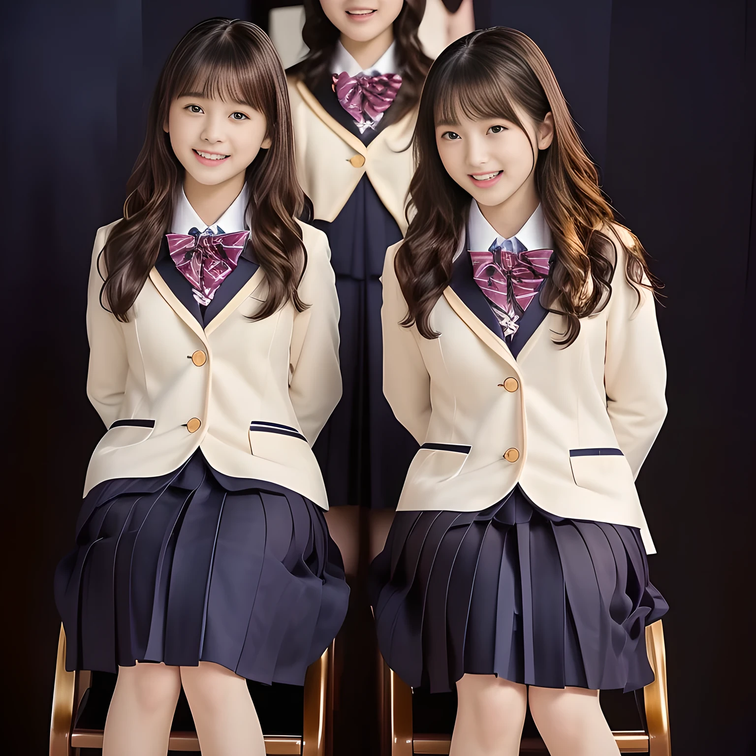 (Highest quality, masterpiece:1.2), Highest quality, High resolution, 1080P, 8k, height: 158cm, ((Seven noble, graceful and intelligent 14yo Japanese young idles who have a best proportion are seated and singing religious hymn chorus with opening their mouth, all of them are watching at me!: 1.5)), ((So sweet, very noble, neat, and pretty 14yo Japanese beautiful fashion magazine models are surrounding me and looking gracefully at me: 1.6)), ((All of them are looking directly at me,)) ((((Very pure white face and limbs)))), Glossy Lips, (Evenly cut curled bangs), ((Very beautiful, droopy, cute, pure, noble, intelligent brown eyes with detailed: 1.6)), ((Gorgeous and very wavy super long hair, super very long wavy hair, beautiful wavy hair like a princess: 1.8)), (Very shiny, glossy Lips), Watch at you, ((Incredibly well organized, Rich facial expressions)), ((Plump and beautiful white skin and face)), ((Pure, clear, gentle brown eyes)), ((staring at me)), Glossy Lips, ((Noble and elegant)), ((Large upward-curving lips)), ((((Navy gorgeous Japanese school blazer with noble golden emblem)))), ((Navy and sapphire blue Japanese school gorgeous uniform)), ((Tartan check pattern dark blue and navy pleated gorgeous skirt with beautiful white fat calf: 1.0)), ((Blue gloss chest ribbon: 1.0)), ((((An ecstatic expression of boundless joy)))), (((Beauty and fashion magazine for young girls))), ((Cute beautiful knees)), ((Well-shaped ample breasts)), ((Tilting his head and smiling)), ((Plain darkness background: 1.5)), (Singing in religious happiness and inviting me to the happiness with them: 1.0), ((Too beautiful women to stop falling into them: 1.6)), ((They are in fact succubi and seated with strong religious temptation))