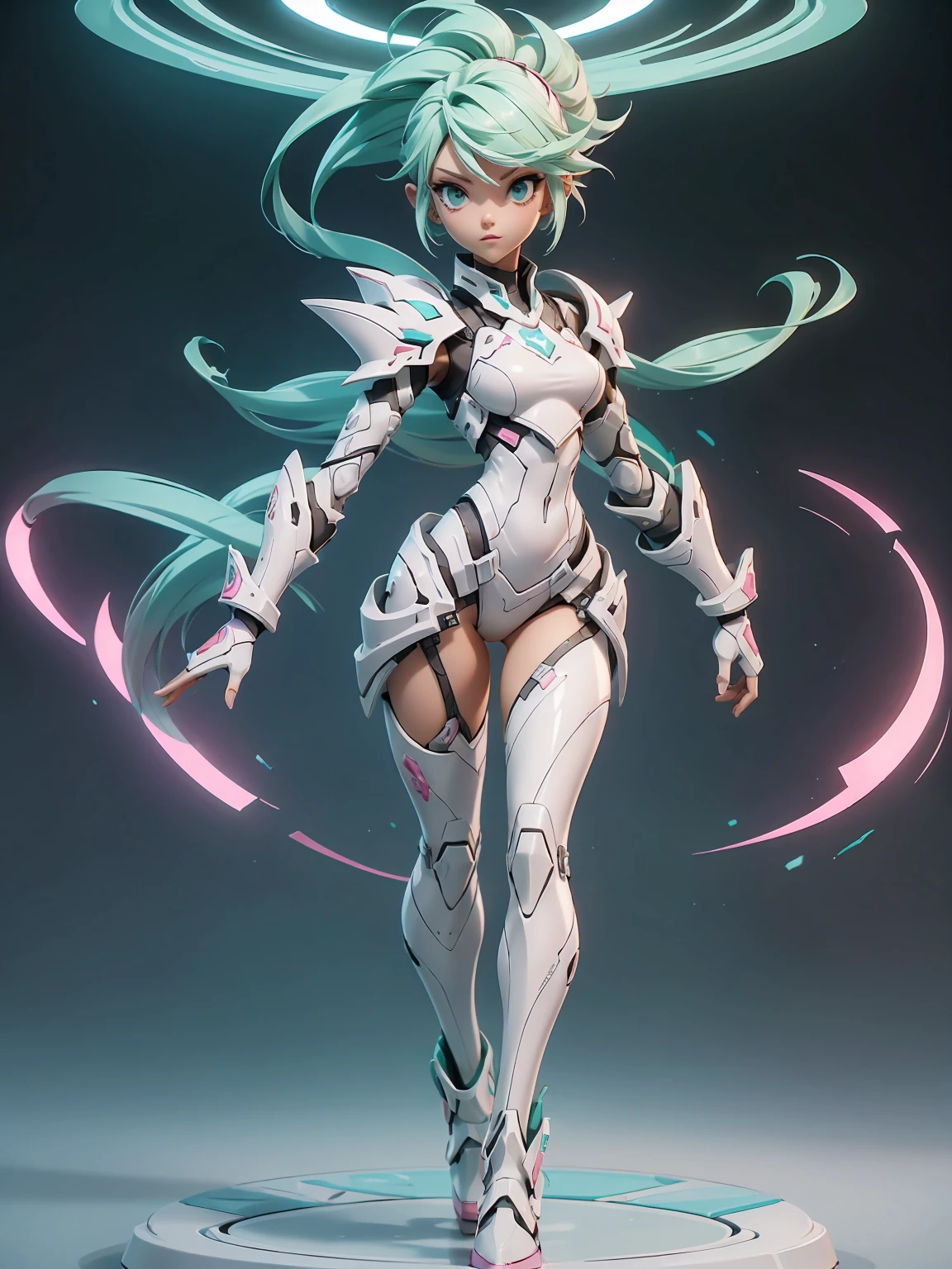 Design a layout showcase Gaming character, (1girl). white, pink and light green sleek armor, stylish and unique, short stylish hair ((full_body_shot:1.4)))