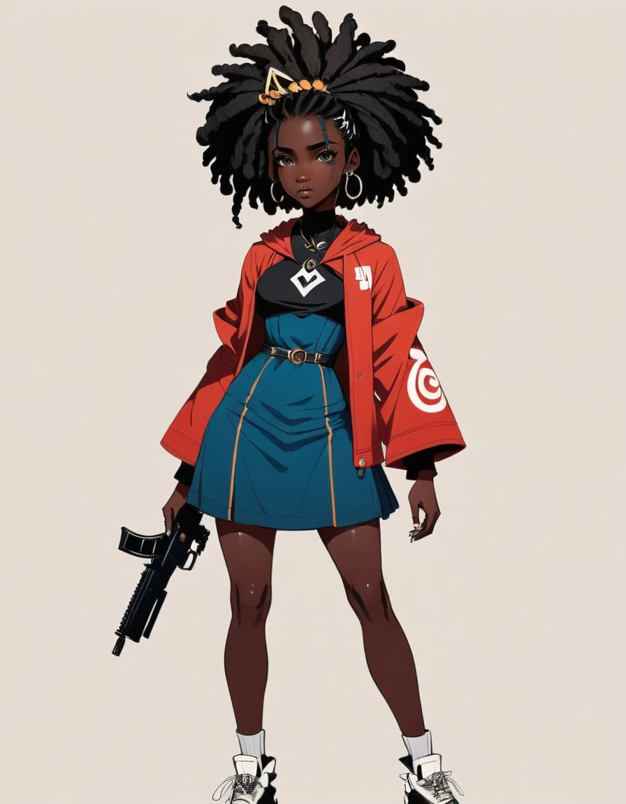 A woman of about 37 years old, very dark black skin Black Power Hair , with a hat and a dress with, with a gun in his hand and a red cloak 