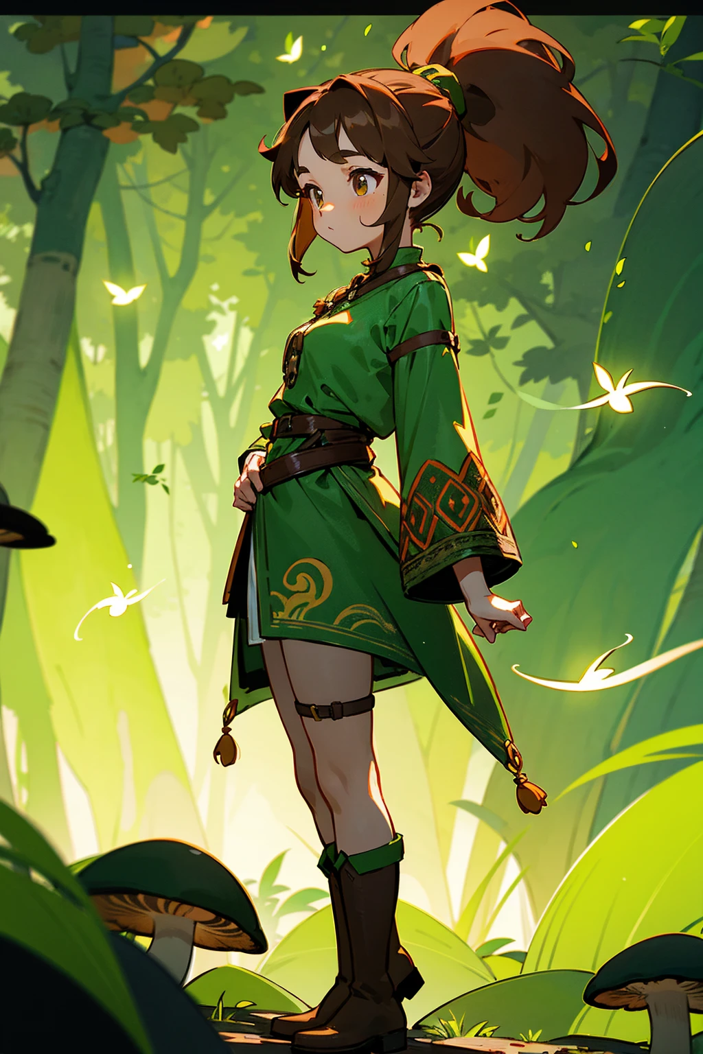 1female, chestnut brown hair in a high ponytail, hazel eyes, wearing a green tunic with leaf patterns, brown boots, standing on a path, enchanted forest with glowing mushrooms and fireflies, masterpiece, 8k.