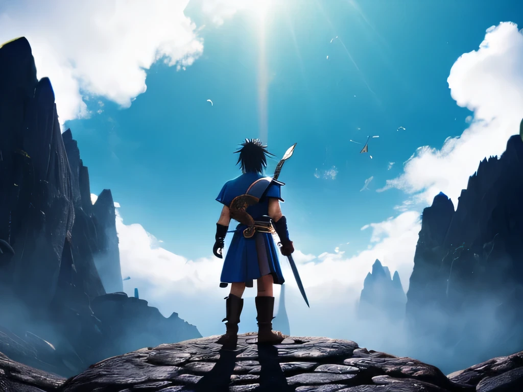 A land of legendary wealth.Fantasy、Dragon Quest style images、A black-haired hero holding a sword stands facing backwards、