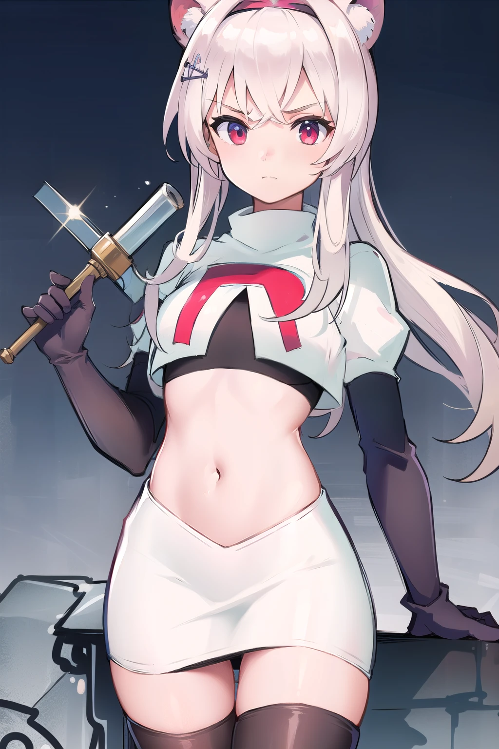 best quality,1girl,normal,cowboy shot,holding sword, team rocket,team rocket uniform,white skirt,red letter R,crop top,black thigh-highs,black elbow gloves