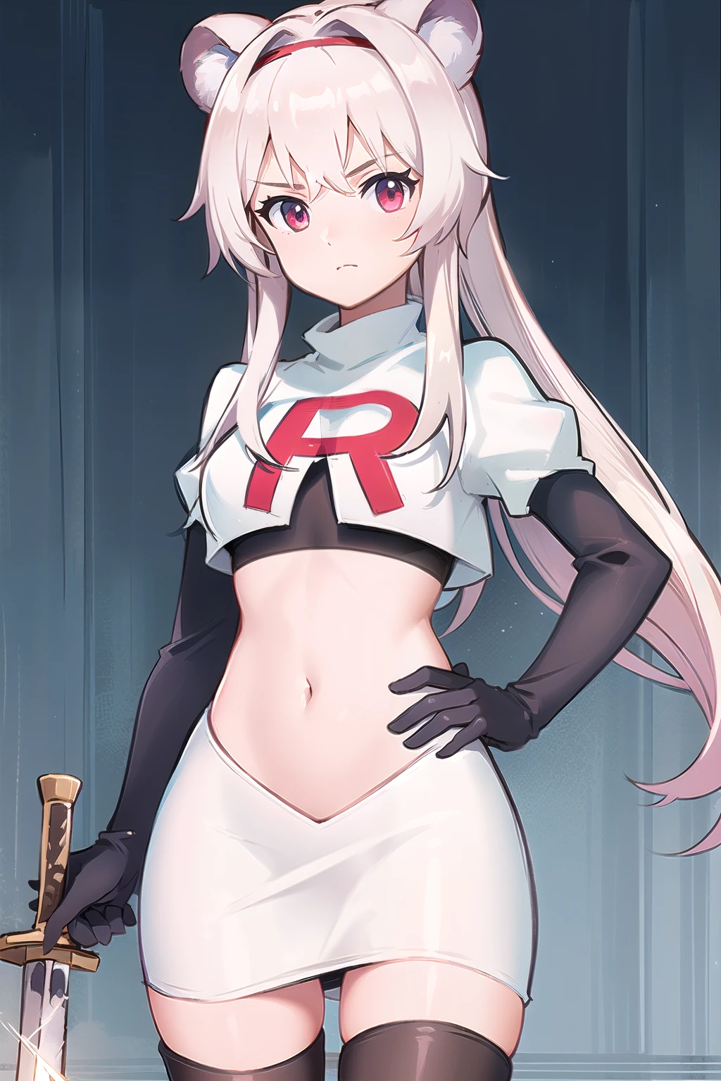 best quality,1girl,normal,cowboy shot,holding sword, team rocket,team rocket uniform,white skirt,red letter R,crop top,black thigh-highs,black elbow gloves