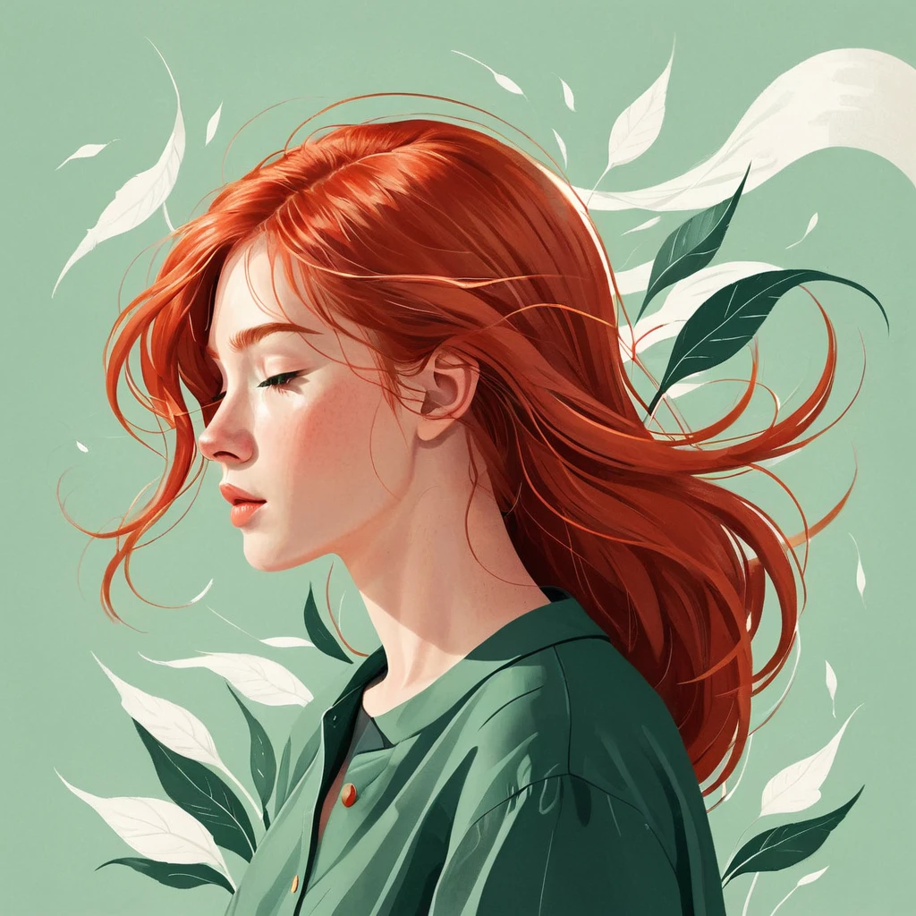 A minimalist illustration, a red-haired woman with hair blowing in the wind, a woman. She is thoughtful..by Kathrin Honesta