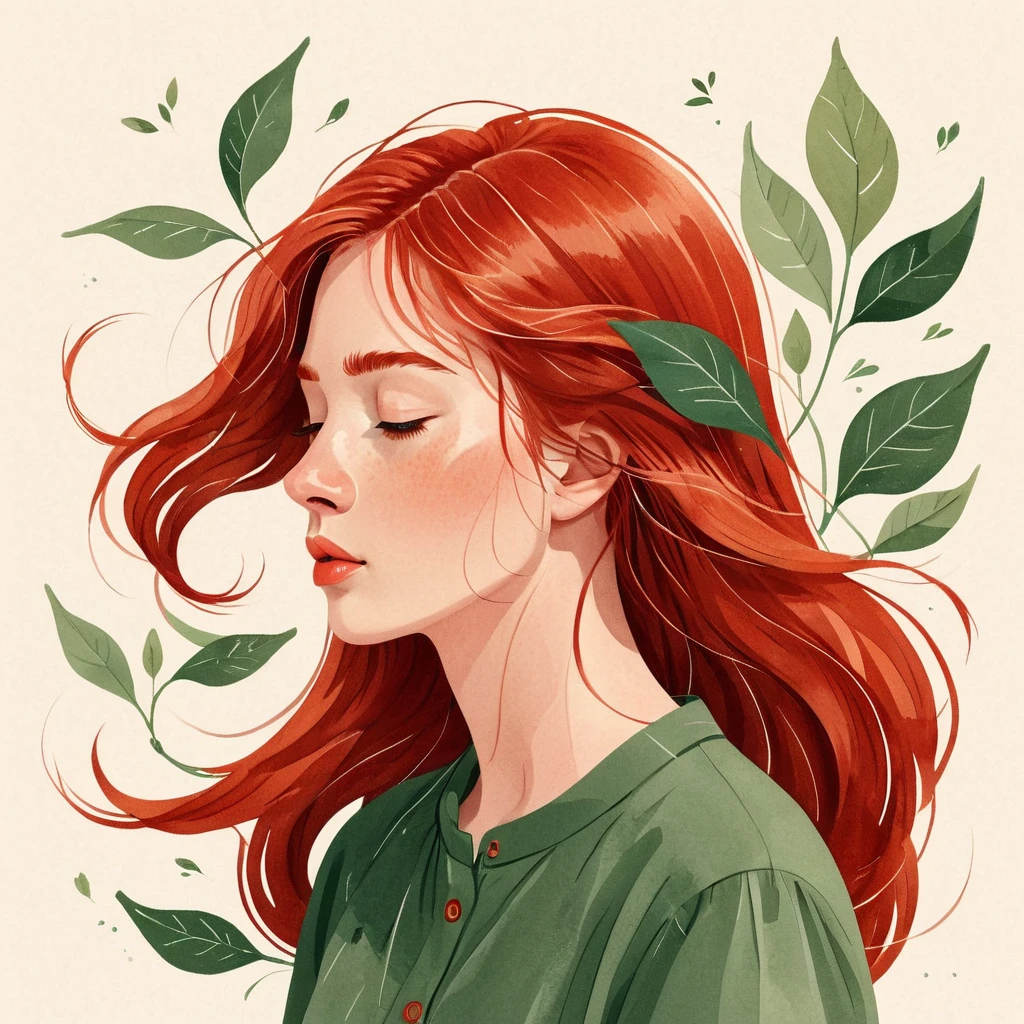 A minimalist illustration, a red-haired woman with hair blowing in the wind, a woman. She is thoughtful..by Kathrin Honesta