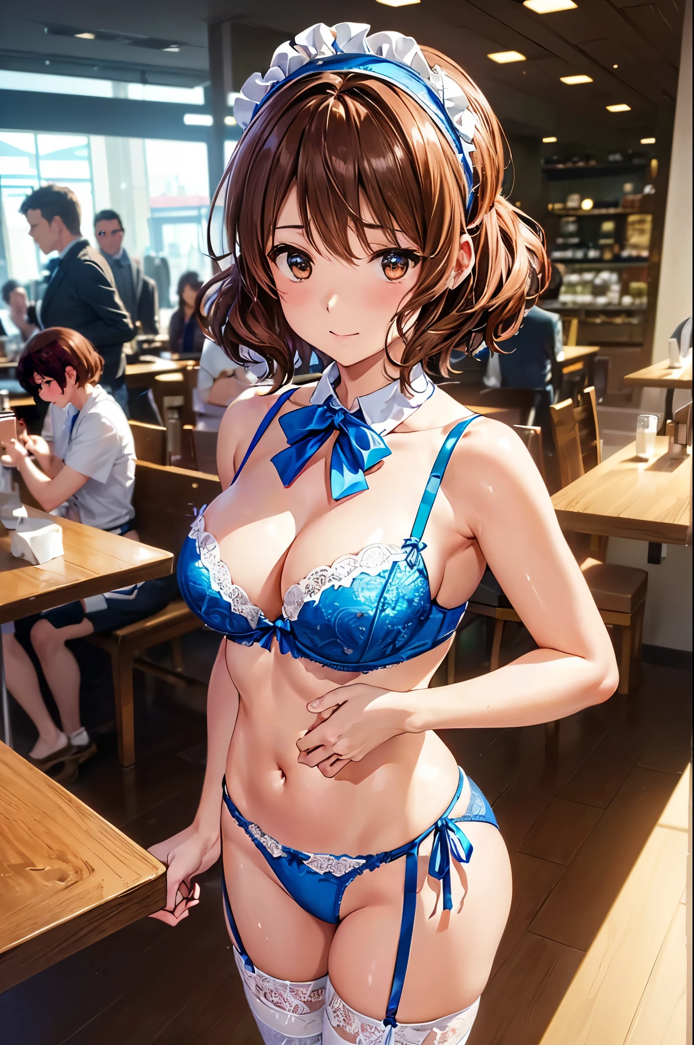 (((masterpiece, Highest quality, High resolution, 超High resolution, Perfect Pixel, Depth of written boundary, 4K, RTTX 10.0))), Beautiful Anime Woman, Beautiful art style, Anime characters, ((Smooth texture, Realistic texture, Anime CG Style)), Perfect and accurate finger count、Exact number of legs、(Exact number of arms:1.0, Exact number of hands:1.0), (Perfect hands, Perfect Anatomy), Cinematic, Realistic, Extremely detailed CG, Daytime lighting, Perfect lighting, Best Shadow, The best natural light, whole body, Perfect body, バランのとれたPerfect body, Perfectly balanced style, Slender body, ((bangs, Reddish brown hair, Bobcut)), ((A cute adult woman is standing facing this way:1.8)), ((Bow tie around neck:1.3), (Sexy and cute blue underwear:1.3), (Stylish shiny blue satin panties, Side-tie panties, Panties with plain blue center and lace decoration on the sides:1.3), (Thin panties:1.3), (Blue micro lace satin bra, Blue bra with lace trim around the edges, Thin bra:1.3), (lace garter belt, Garter Strings, Knee socks:1.3):1.3), (Beautiful big boobs:1.1), (Embarrassed expression:1.7), blush, (Stylish restaurant, Many visitors in the background, Inside the crowded store, Tables and chairs filled with male customers, Many men sitting at tables and chairs, The attention men are giving her:1.7), naked, In underwear, パンティとブラとガーターベルトとKnee socksだけ, (White ruffled headband:1.2), Angle from the front, kumiko oumae