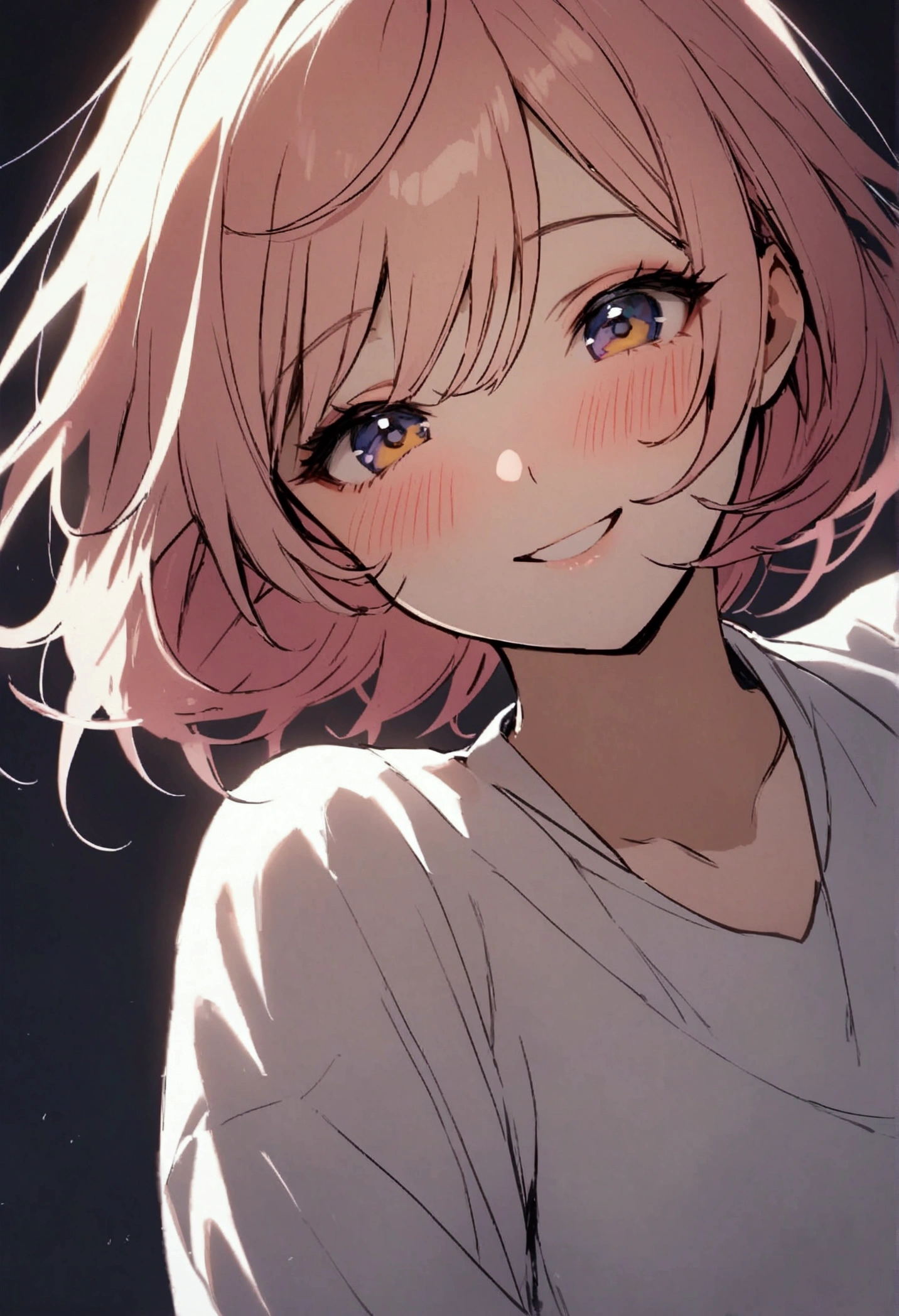 Young woman, short hair, pink-yellow hair, blue-purple-yellow eyes, Blue Makeup, white shirt, simple background, smiling, blushing