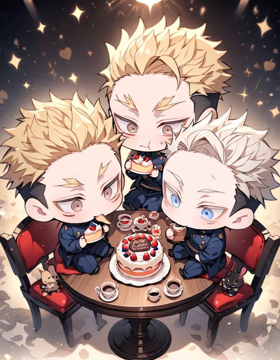 absurdres, highres, ultra detailed, HDR, master piece, best quality, extremely detailed, Nanami Kento chibi, blonde hair, expressive brown eyes, Jujutsu Kaisen, Gojou Satoru chibi, white hair, expressive blue eyes, white eyelashes, two boys sitting together, gay couple, yaoi, cute, black clothes, magical, cafe, table, chairs, eating, cake