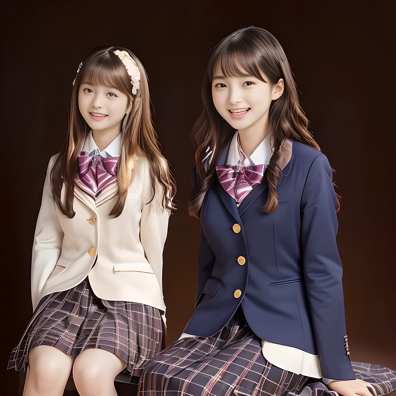 (Highest quality, masterpiece:1.2), Highest quality, High resolution, 1080P, 8k, height: 158cm, ((Seven noble, graceful and intelligent 14yo Japanese young idles who have a best proportion are seated and singing religious hymn chorus with opening their mouth, all of them are watching at me!: 1.5)), ((So sweet, very noble, neat, and pretty 14yo Japanese beautiful fashion magazine models are surrounding me and looking gracefully at me: 1.6)), ((All of them are looking directly at me,)) ((((Very pure white face and limbs)))), Glossy Lips, (Evenly cut curled bangs), ((Very beautiful, droopy, cute, pure, noble, intelligent brown eyes with detailed: 1.6)), ((Gorgeous and very wavy super long hair, super very long wavy hair, beautiful wavy hair like a princess: 1.8)), (Very shiny, glossy Lips), Watch at you, ((Incredibly well organized, Rich facial expressions)), ((Plump and beautiful white skin and face)), ((Pure, clear, gentle brown eyes)), ((staring at me)), Glossy Lips, ((Noble and elegant)), ((Large upward-curving lips)), ((((Navy gorgeous Japanese school blazer with noble golden emblem)))), ((Navy and sapphire blue Japanese school gorgeous uniform)), ((Tartan check pattern dark blue and navy pleated gorgeous skirt with beautiful white fat calf: 1.0)), ((Blue gloss chest ribbon: 1.0)), ((((An ecstatic expression of boundless joy)))), (((Beauty and fashion magazine for young girls))), ((Cute beautiful knees)), ((Well-shaped ample breasts)), ((Tilting his head and smiling)), ((Plain darkness background: 1.5)), (Singing in religious happiness and inviting me to the happiness with them: 1.0), ((Too beautiful women to stop falling into them: 1.6)), ((They are in fact succubi and seated with strong religious temptation))