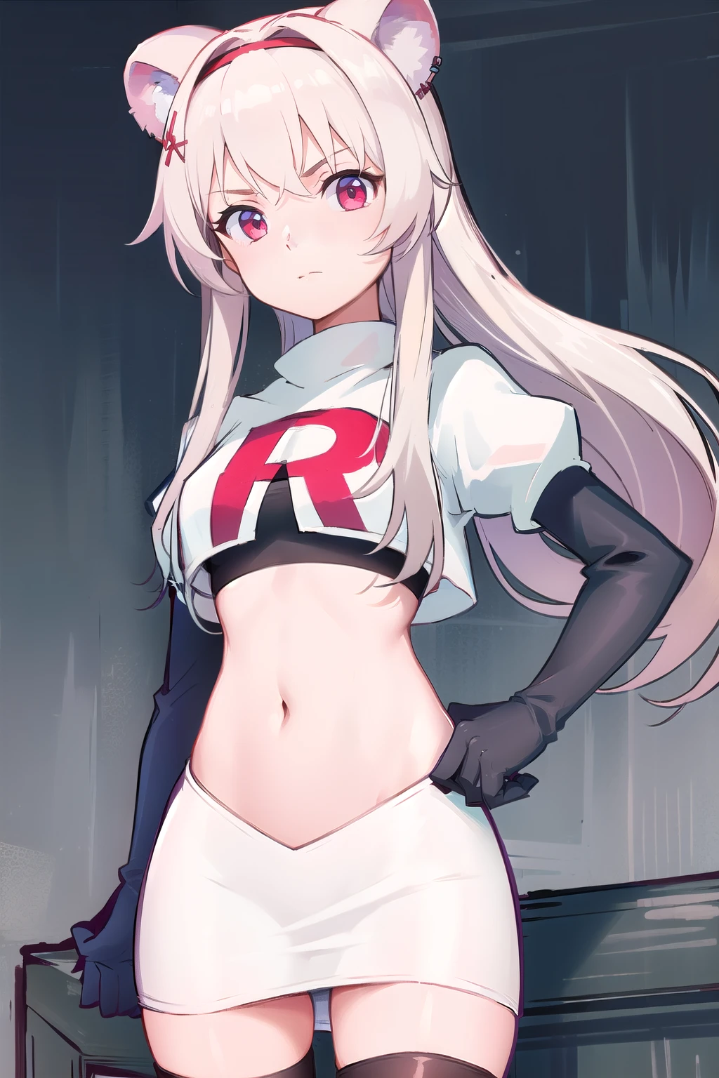 best quality,1girl,normal,cowboy shot,holding sword, team rocket,team rocket uniform,white skirt,red letter R,crop top,black thigh-highs,black elbow gloves