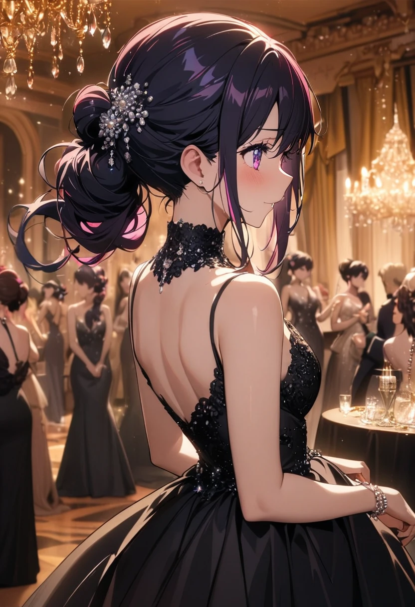 1girl, hoshino ai (oshi no ko), ornate ballroom, crystal chandeliers, sophisticated black evening gown with intricate beadwork, figure-hugging silhouette, subtle shimmer, waltzing pose, admiring onlookers, warm golden lighting, elegant updo hairstyle, pearl jewelry, masterpiece, best quality, absurdres

