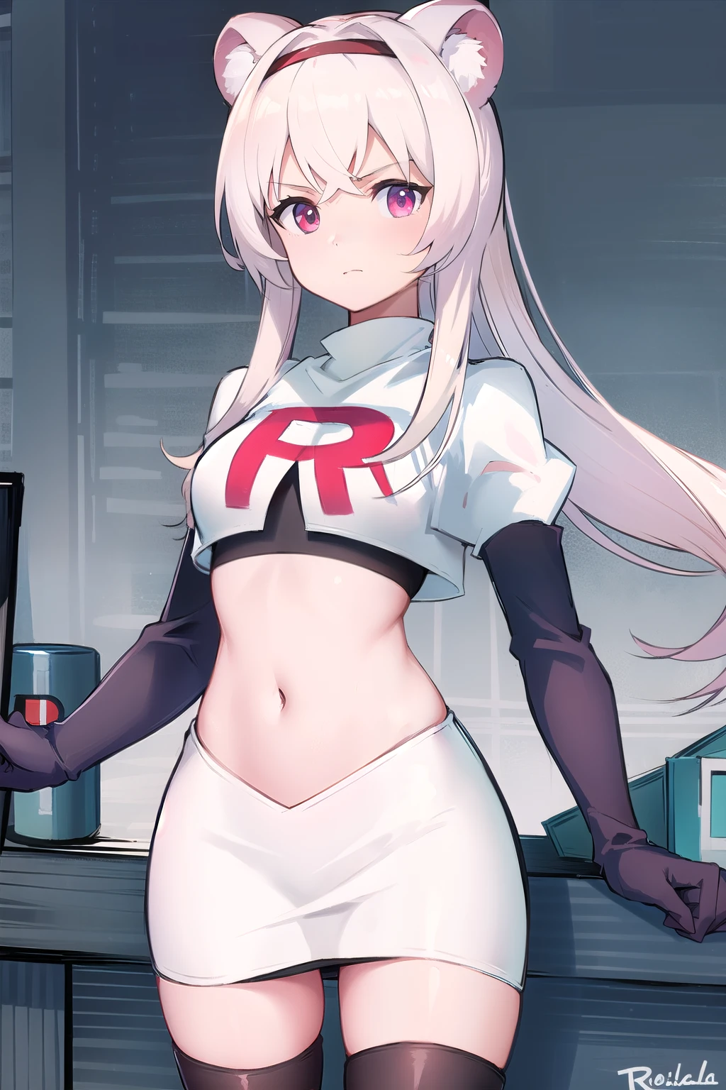 best quality,1girl,normal,cowboy shot,holding sword, team rocket,team rocket uniform,white skirt,red letter R,crop top,black thigh-highs,black elbow gloves