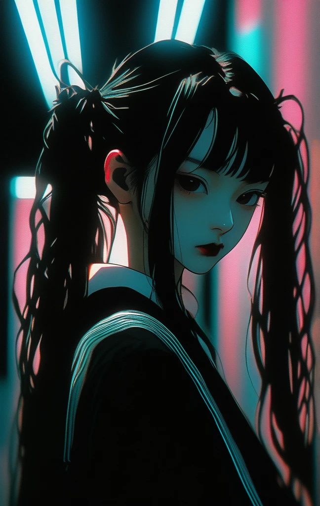 realistic, Analog style, vhs style, 8mm film, chromatic aberration, Dvd screengrab, 80s movie, cinematic lighting, Yumi tsu, Live portrait photography, Contemporary photography, in the style of gothic dark intensity, snapshot aesthetic, light black, chinapunk, slender, karencore, high details, realsitic shadow, in motion, film still