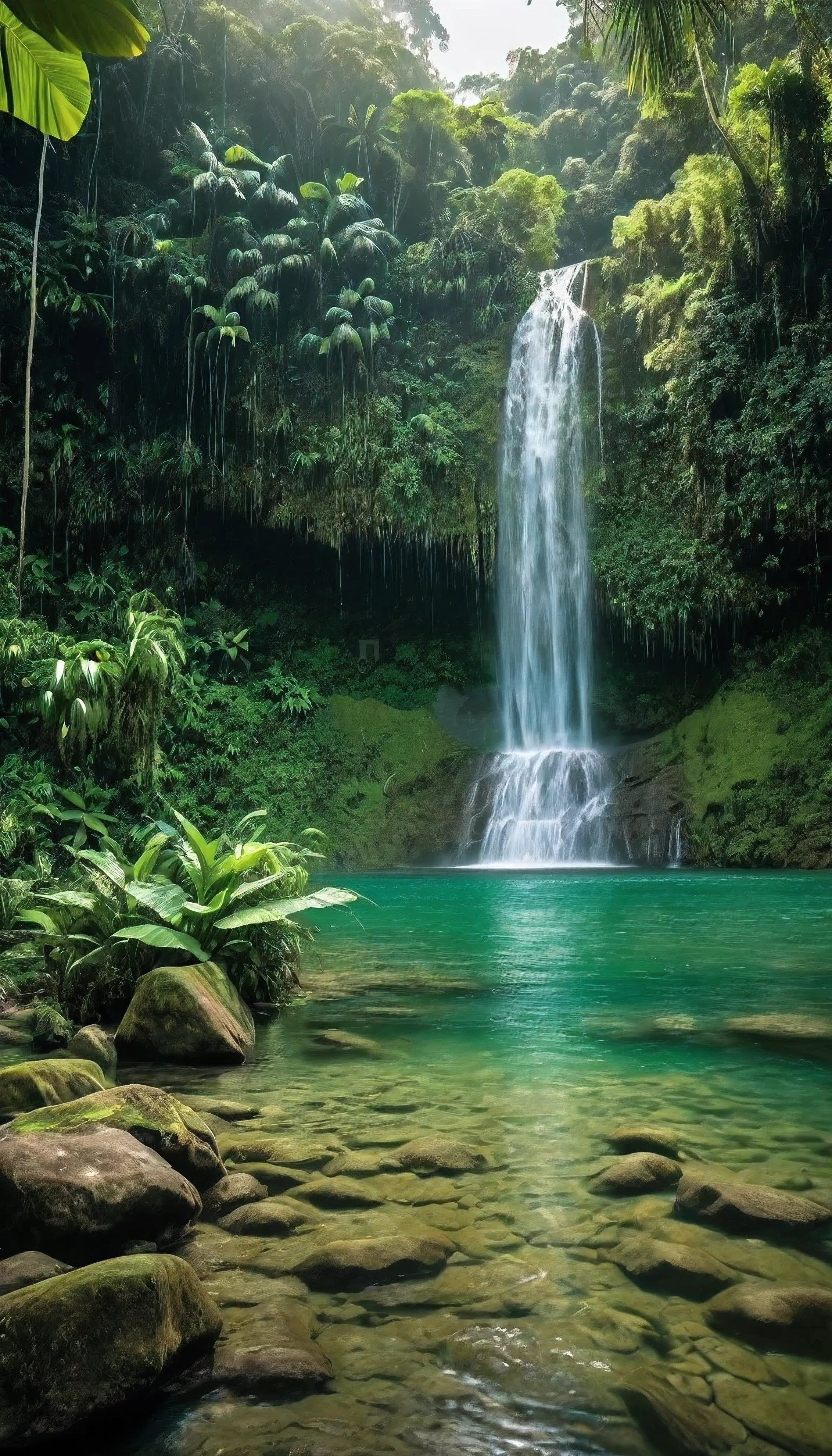 a clear river water , waterfall at the background, greeny Tropical Jungle as the surrounding, day time , misty