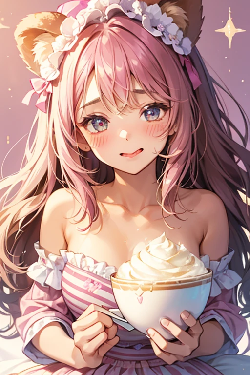 A brown girl  cup or bowl Num with pink blushed cheeks, bear ears and her tongue sticking out with one eye squinting. She has a huge pile of cream on the top of her, alongside a tan striped straw and a lilac bow. SPARKLE; GLITTER