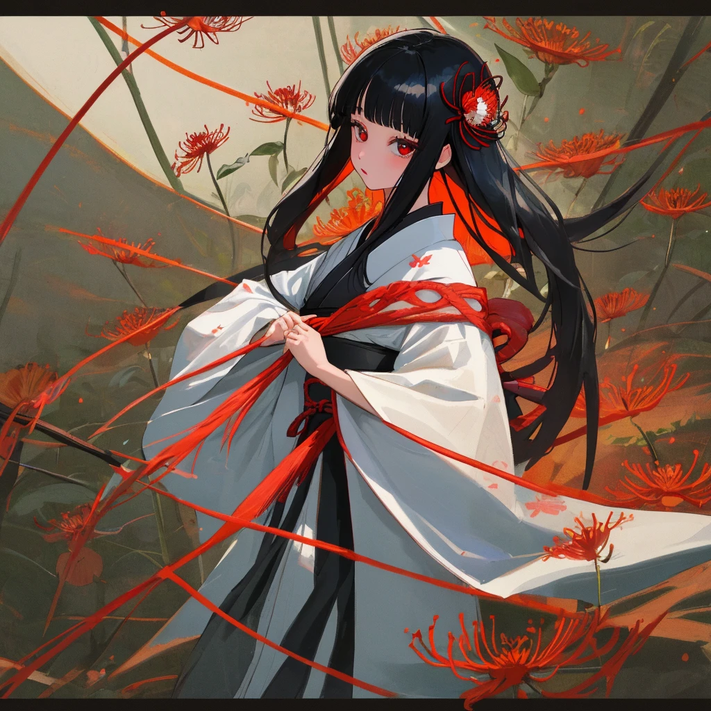 {{{{{Gigoku Girl}}}}}
{{{{Great quality, Great quality, high quality, very beautiful, beautiful, 最high quality}}}},
Realistic, photograph, Shadow, 3D, Absurd, Digital Art,
{{{{Magical girl}}}}, beautiful girl, One Girl, 13 years old,
Black Hair, Long Hair, Straight hair, Cropped hair, Shiny Hair, Blunt bangs, Short Sideburns,
Red eyes, {{Big eyes}}, {{Round eyes}}, With eyes wide open, puppet,
{{Flat Chest}}, {{Small breasts}}, {{Detailed body}}, Thin thighs, Thin thighs,
{{{Black floral kimono}, White tabi, Women's black wooden clogs}}},
Red spider lily, Black butterfly, Shoji screen,