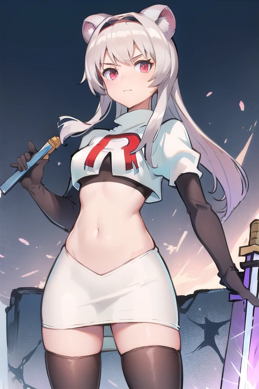 best quality,1girl,normal,cowboy shot,holding sword, team rocket,team rocket uniform,white skirt,red letter R,crop top,black thigh-highs,black elbow gloves