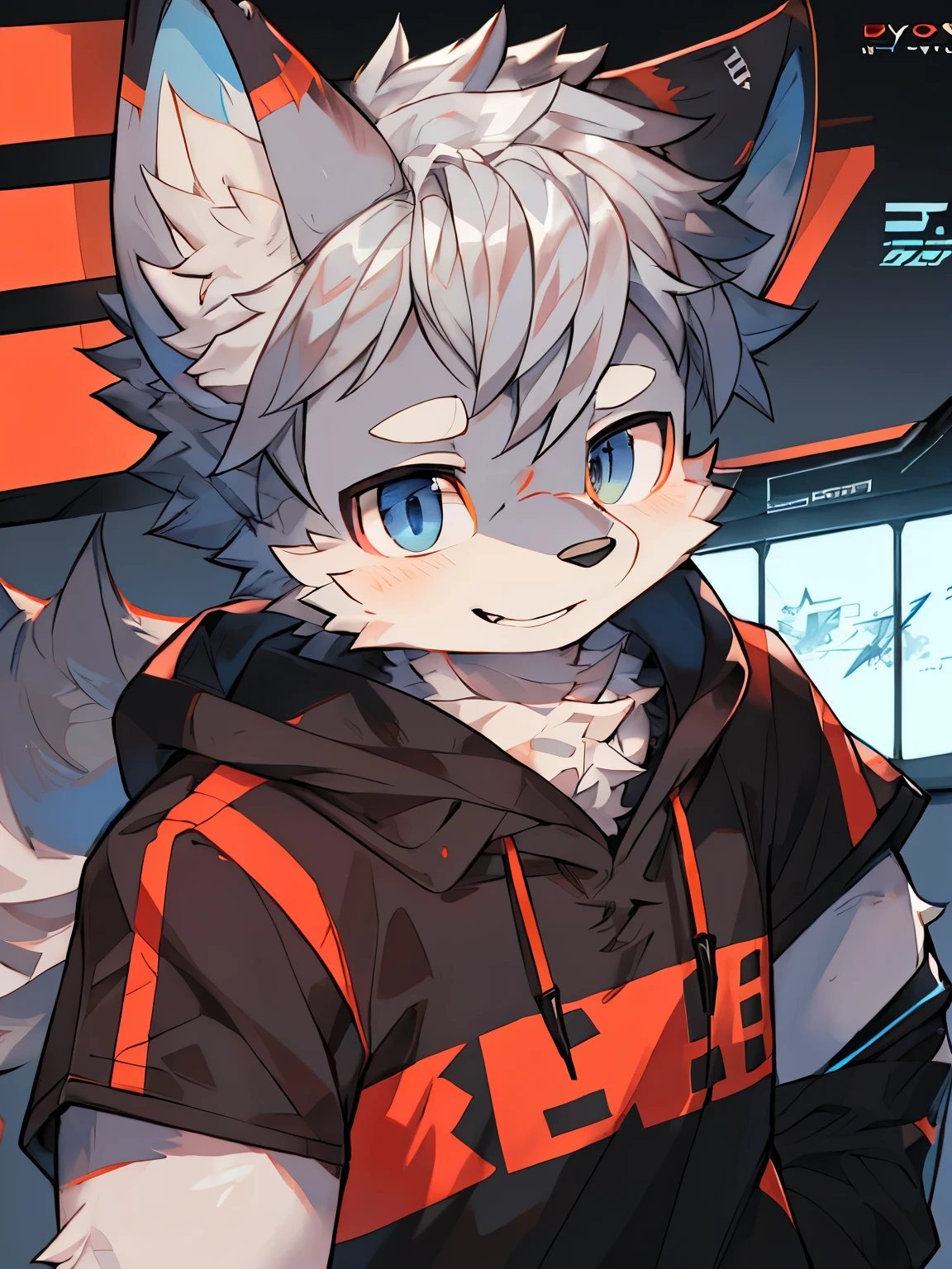 masterpiece, best quality, (Cyber esports style:1.2), front, hairy, Male youth,(Wolf), (Silvery fur), Solitary, Handsome, (Black sweatshirt),Esports Room, Upper Body, Folded ears, Dynamic Angle, Standing, Wink, Detailed background