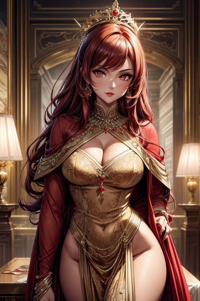 highest quality, ultra high resolution, super detailed, gorgeous, masterpiece, best quality, high resolution finely detailed, extremely beautiful, distinct image. glistening brown skin, piercing golden eyes, fiery red hair, alluring older woman, elegant long empress dress, (((MILF))), 1 woman, solo, sharp facial features, empress like aura and majesty, symmetrical shaped face, fiery red lips, medium height(174cm), slender and thick, toned body type, modern city setting