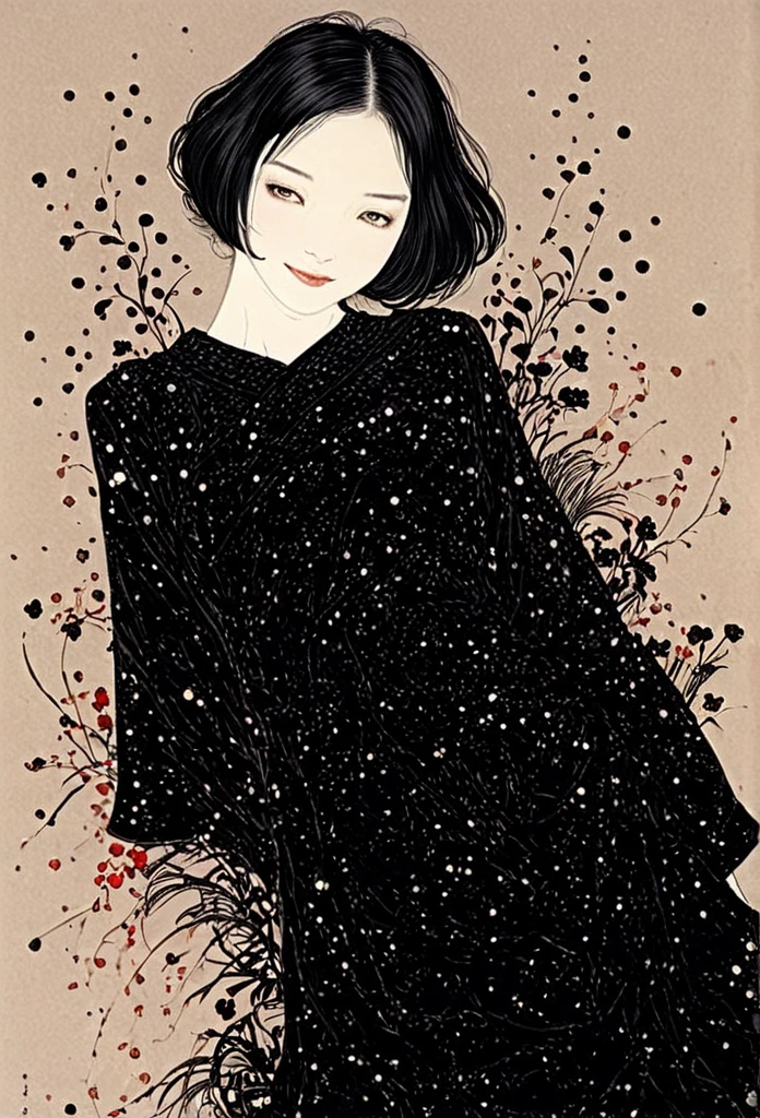 Line art、virgin、Splattered、Crazy Smile、Falling Flowers、takato yamamoto style、Black Dress