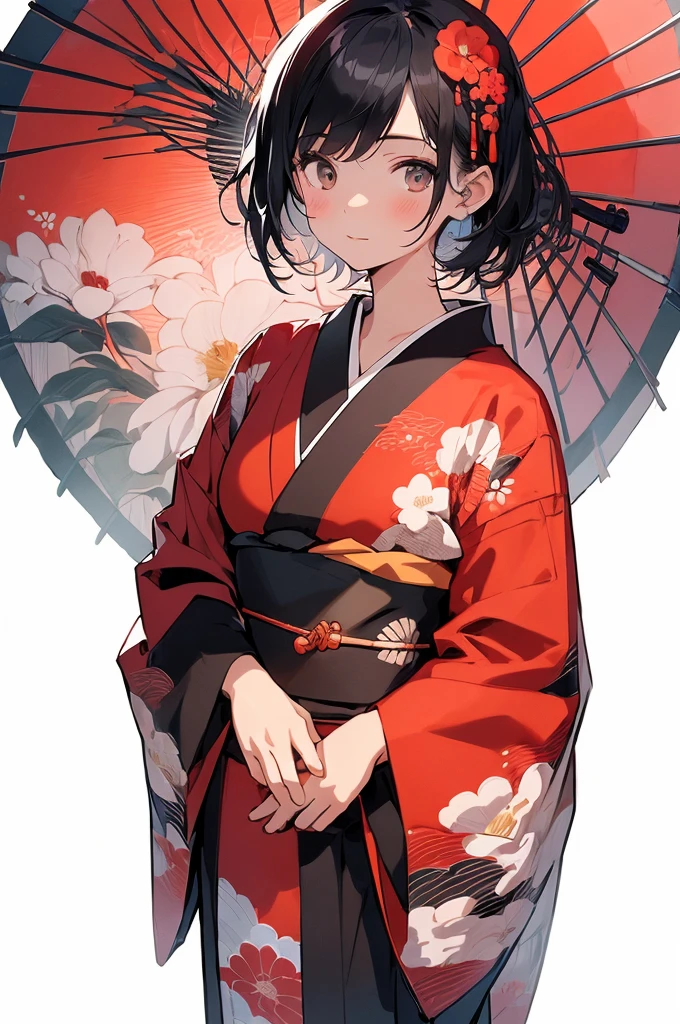 (Detailed and top quality illustrations:1.2), (pretty girl:1.0), (1 girl, alone:1.0), (Black short hair:1.0), (Red kimono:1.0), (Upper Body:1.0), (Very detailed, High resolution, 4K:1.0),