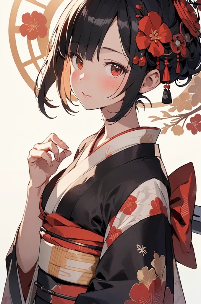 (Detailed and top quality illustrations:1.2), (pretty girl:1.0), (1 girl, alone:1.0), (Black short hair:1.0), (Red kimono:1.0), (Upper Body:1.0), (Very detailed, High resolution, 4K:1.0),