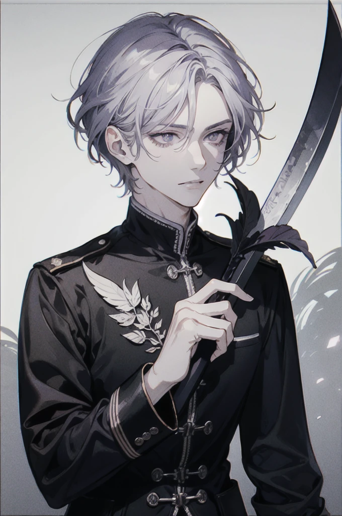 ((best quality)), ((masterpiece)), (detailed), 1male, Elegant man, mature face, serious face, purple pupils, detailed eyes, perfect eyes, perfect face, short silver hair, detailed hair. (top quality, 8k, high, masterpiece), holding a sword, standing proudly, black military uniform, sword, weapon, best quality, best resolution, black aura, best lighting.