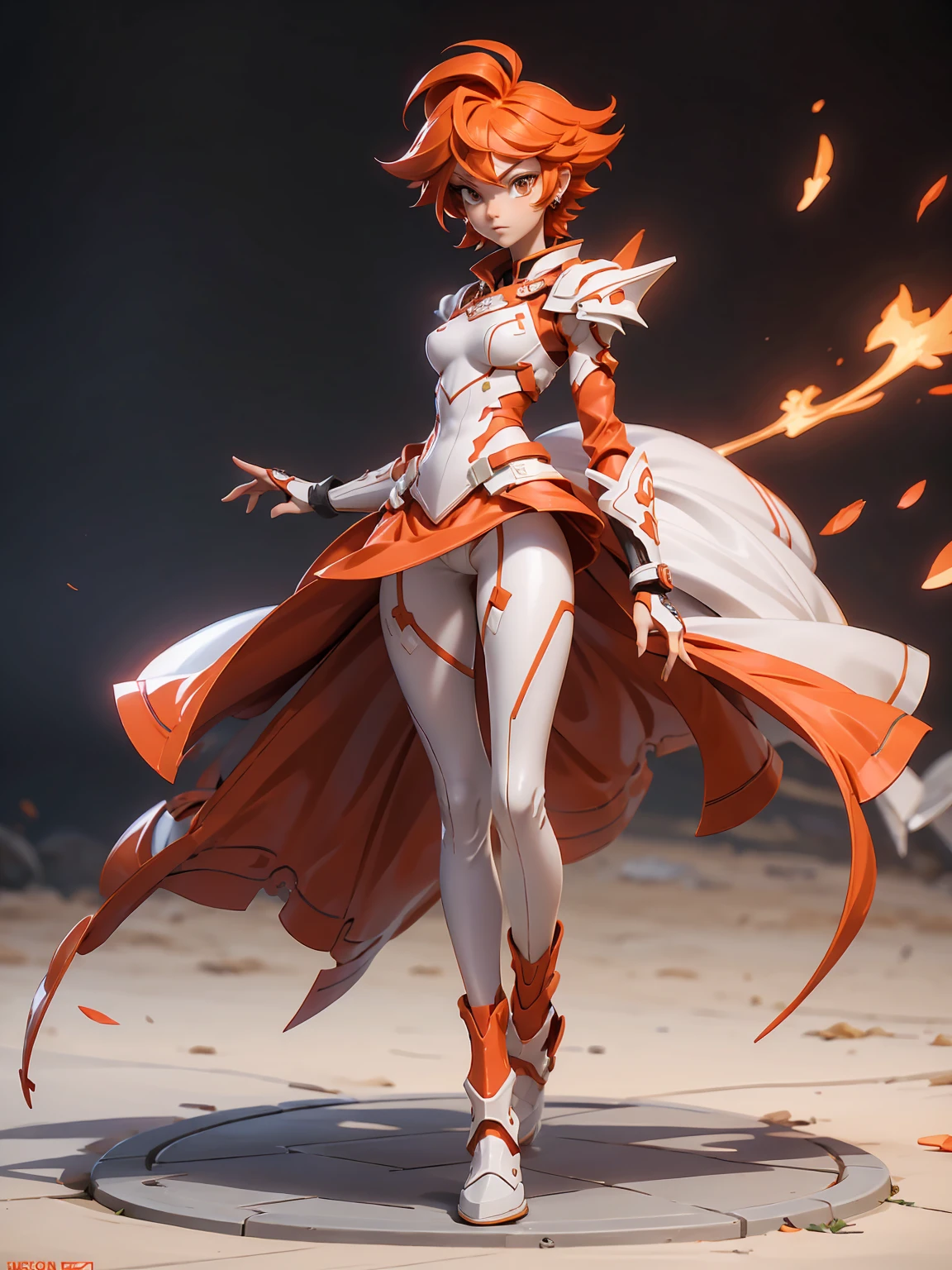 Design a layout showcase Gaming character, (1girl). red, white and orange sleek armor, stylish and unique, short stylish hair ((full_body_shot:1.4)))
