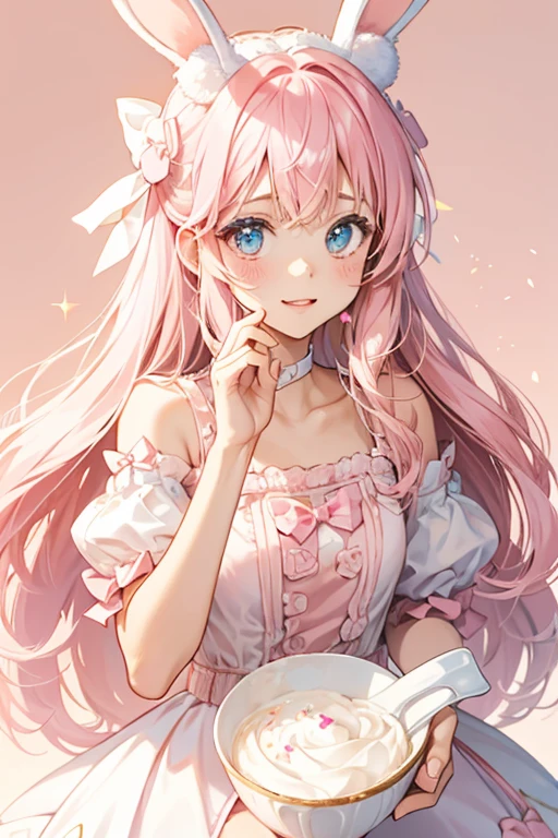 A light pink girl  bowl Num with cream that has pink sprinkles, bunny ears, and light pink bow. Her expression is excided. SPARKLE; GLITTER