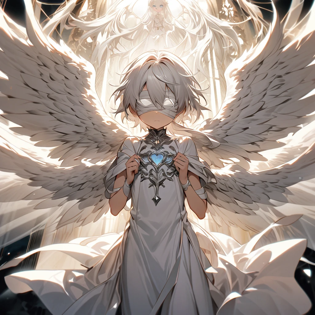 The character must be an angel, but with the appearance of a 9 year old , white hair, some bandages on his eyes which completely cover his eyes, a white tunic, 2 rings around him with eyes, The  has to be inside those two rings with multiple eyes as well as having 4 wings on his back

There must be only one character in the image