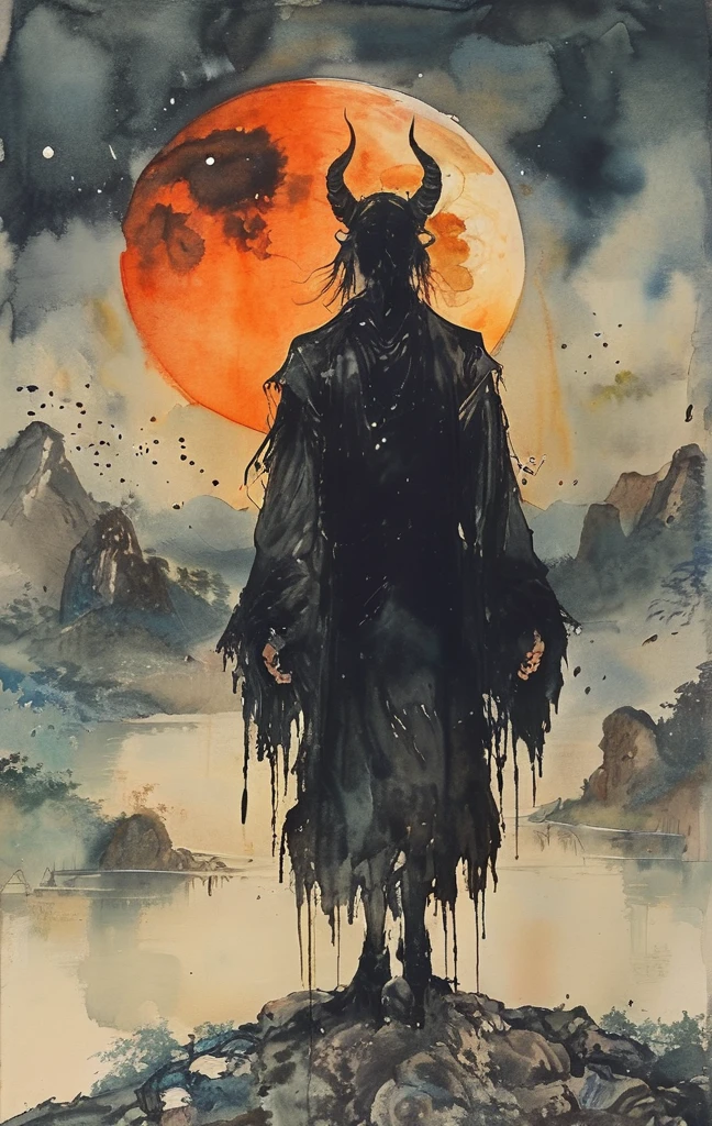 (halloween theme:1.5), (ink and watercolor painting:1.5), (Tasteful:1.5), (ink and watercolor painting:1.5), (Chinese style:1.5), (magic:1.5), (dripping paint;1.5), (dark theme:1.5), (fantasy:1.5), (devil's eye:1.5), (inspiration from Road of the rings:1.5), (centered image:1.5), (Devil's Eye Assimilated with the Moon 1.5), (full moon:1.5), (dark night sky:1.5), (cloud:1.5),