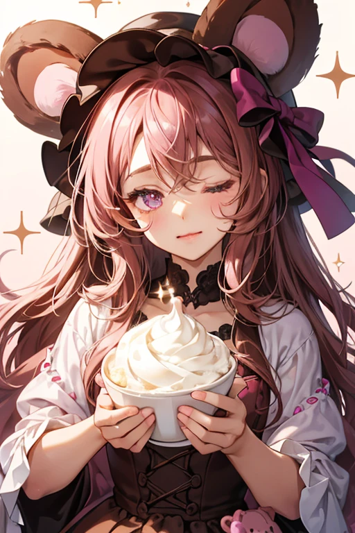 Chocolatey Cocoa is a girl pink and one eye shut. She has no mouth. Cream is piled on top with a dark pink bow and brown bear ears, and cocoa dust covers her cream. Purple liquid drips down the side. SPARKLE; GLITTER