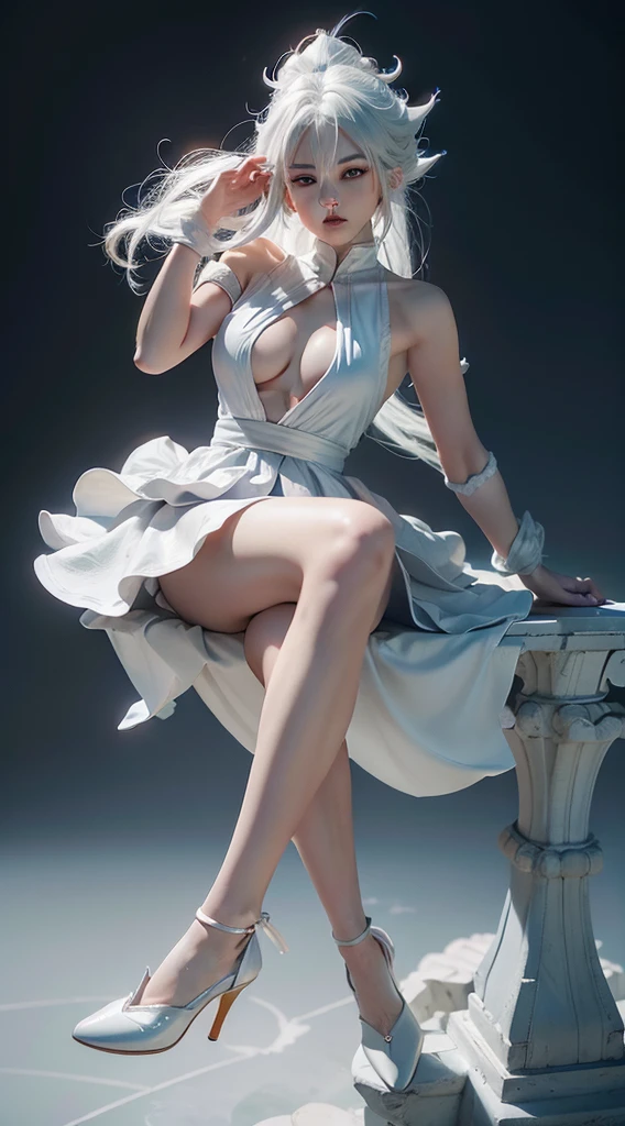 Goku, super saiyan, delicate hair, Arm sculpture, white blue hair all over, delicate shoes, Eye sculpture, delicate hair, popmart blind box, clay texture, Treading on Earth, Black and White Background, naturallight, best qualityer, hyper detail, art 3d, C4D, oc renderer, 3D rendering