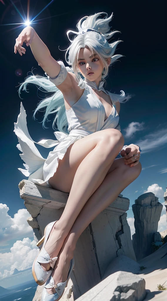Goku, super saiyan, delicate hair, Arm sculpture, white blue hair all over, delicate shoes, Eye sculpture, delicate hair, popmart blind box, clay texture, Treading on Earth, Black and White Background, naturallight, best qualityer, hyper detail, art 3d, C4D, oc renderer, 3D rendering