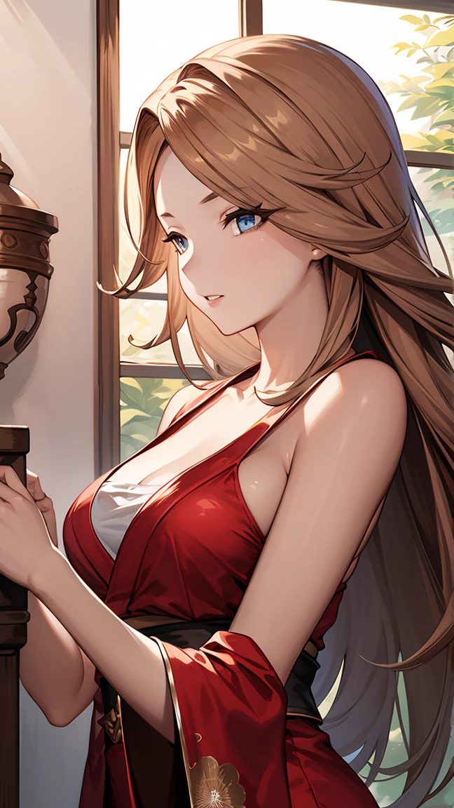 katalina (granblue fantasy), 
BREAK (red dress,sleeveless,japanese_clothes,bare_shoulders,(Closed_clothes):1.2), BREAK is standing、outside of house、plein air,
BREAK (masterpiece:1.2), best quality, high resolution, unity 8k wallpaper, (illustration:0.8), (beautiful detailed eyes:1.6), extremely detailed face, perfect lighting, extremely detailed CG, (perfect hands, perfect anatomy),