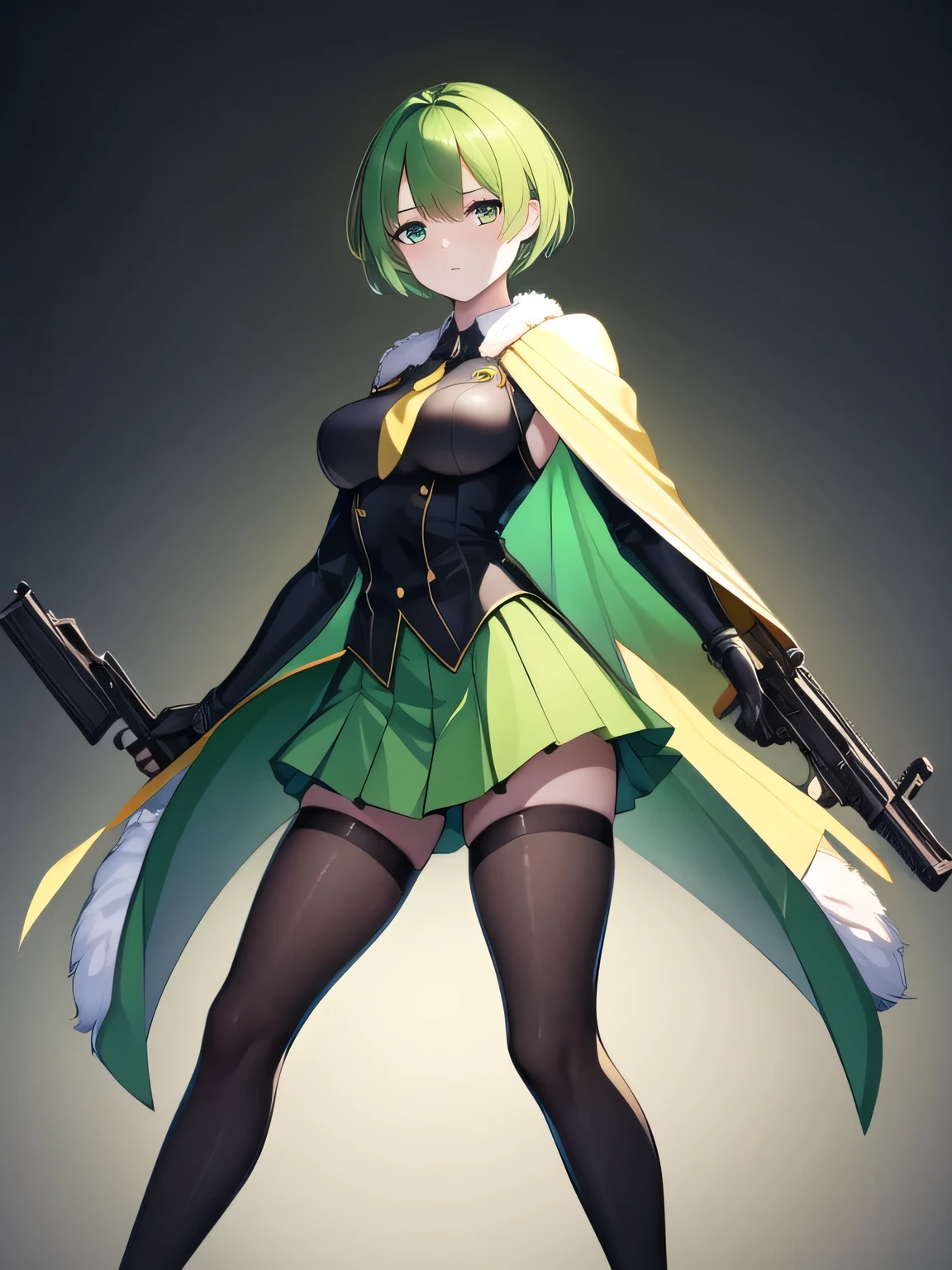 ((Best Quality)), ((masterpiece)), (detailed),Girl , short hair , high , alone , elegant uniform , thigh high stockings , good body , light green fur , black gloves , Green_eyes , yellow_eyes , Long black cape , heterocromia , stop , Whole body , ak-47 en la mano