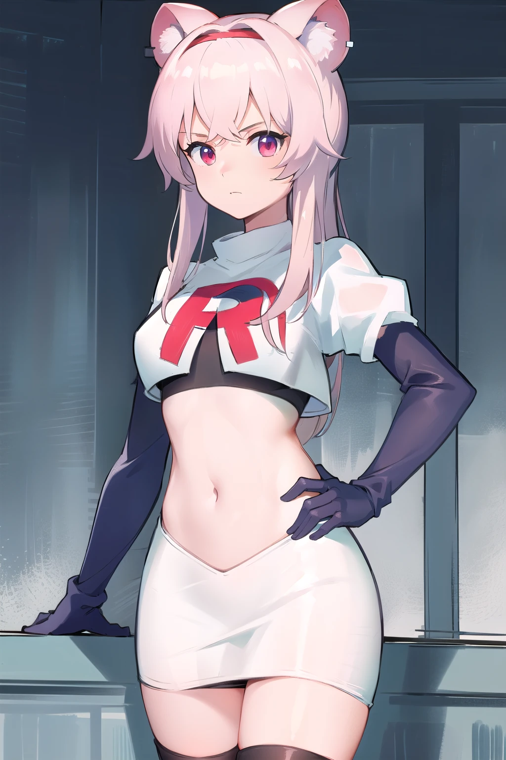 best quality,1girl,normal,cowboy shot,holding sword, team rocket,team rocket uniform,white skirt,red letter R,crop top,black thigh-highs,black elbow gloves