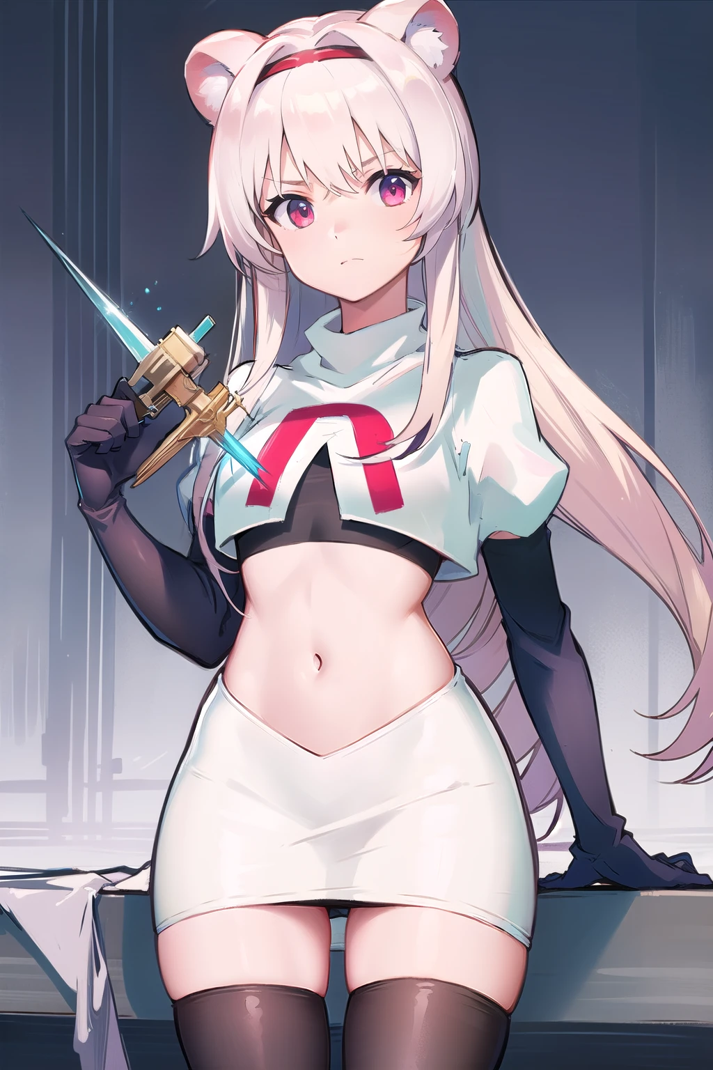 best quality,1girl,normal,cowboy shot,holding sword, team rocket,team rocket uniform,white skirt,red letter R,crop top,black thigh-highs,black elbow gloves