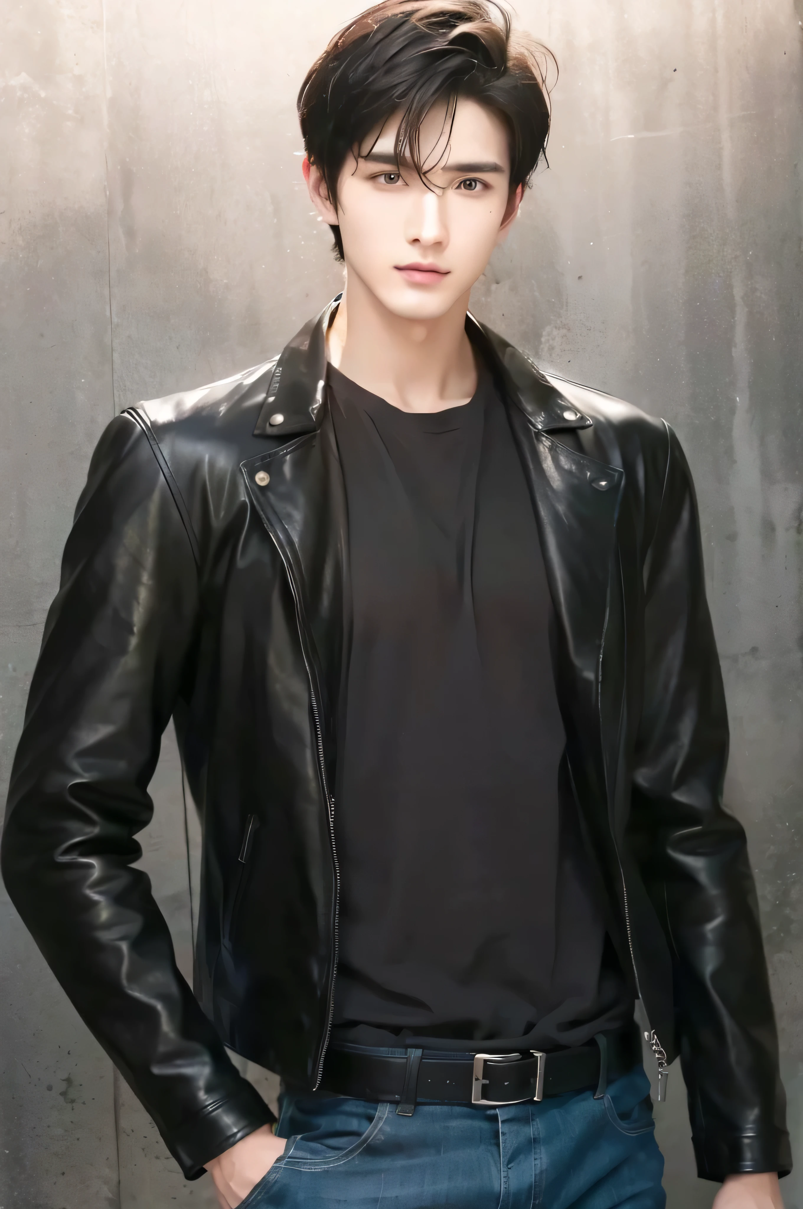 at office,wearing black leather jacket,two block haircut, Attractive man,Live-action photo,Handsome and sunny,(SLR effect,Reality,8K,Hyper-detailing,Absolute realism)