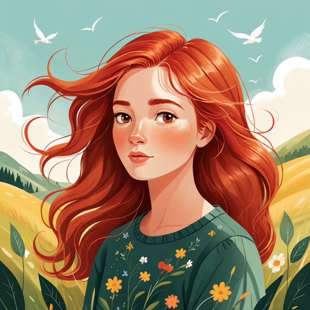 A children's illustration, a red-haired woman with hair blowing in the wind, a woman. She is thoughtful.by Kathrin Honesta