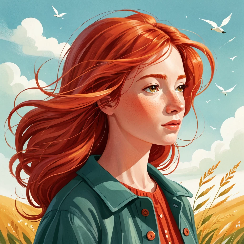 A children's illustration, a red-haired woman with hair blowing in the wind, a woman. She is thoughtful.by Kathrin Honesta