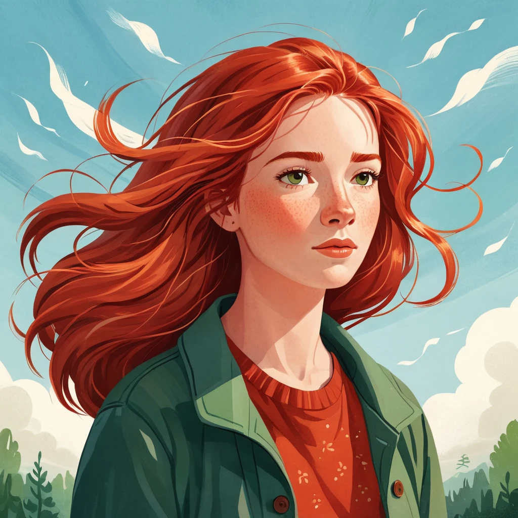 A children's illustration, a red-haired woman with hair blowing in the wind, a woman. She is thoughtful.by Kathrin Honesta