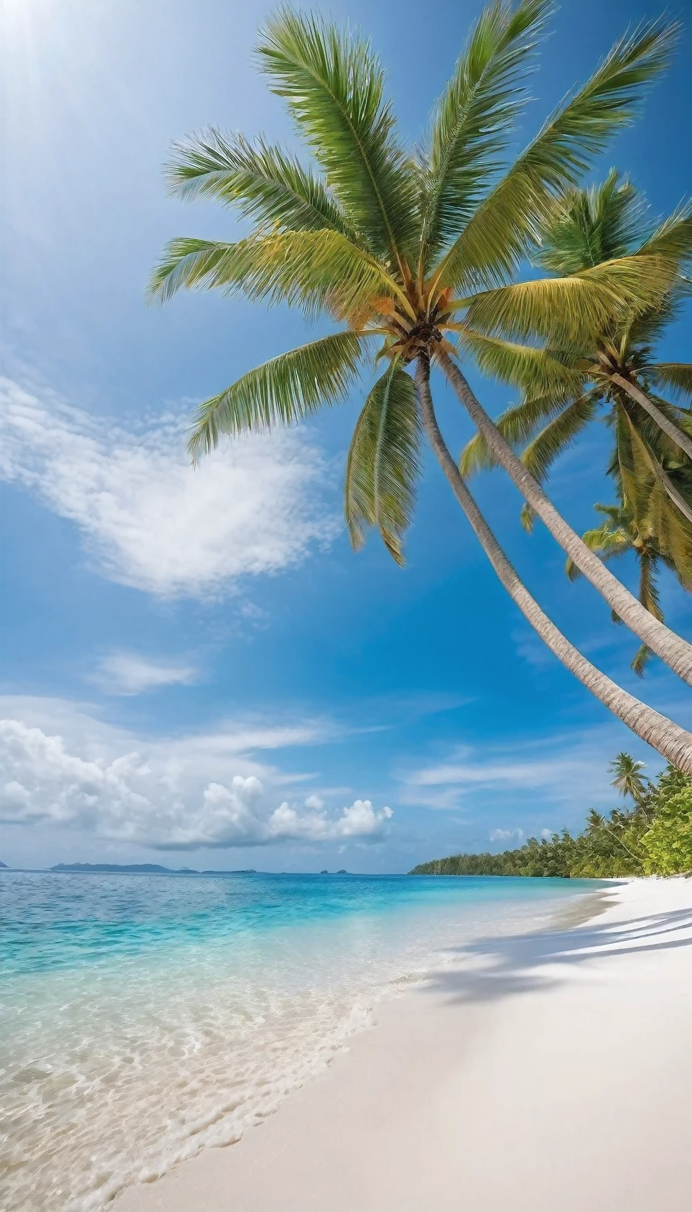 A beautiful white sand beach , beautiful sea view , sea waves , coconut trees , low angle view , landscape view , professional photo