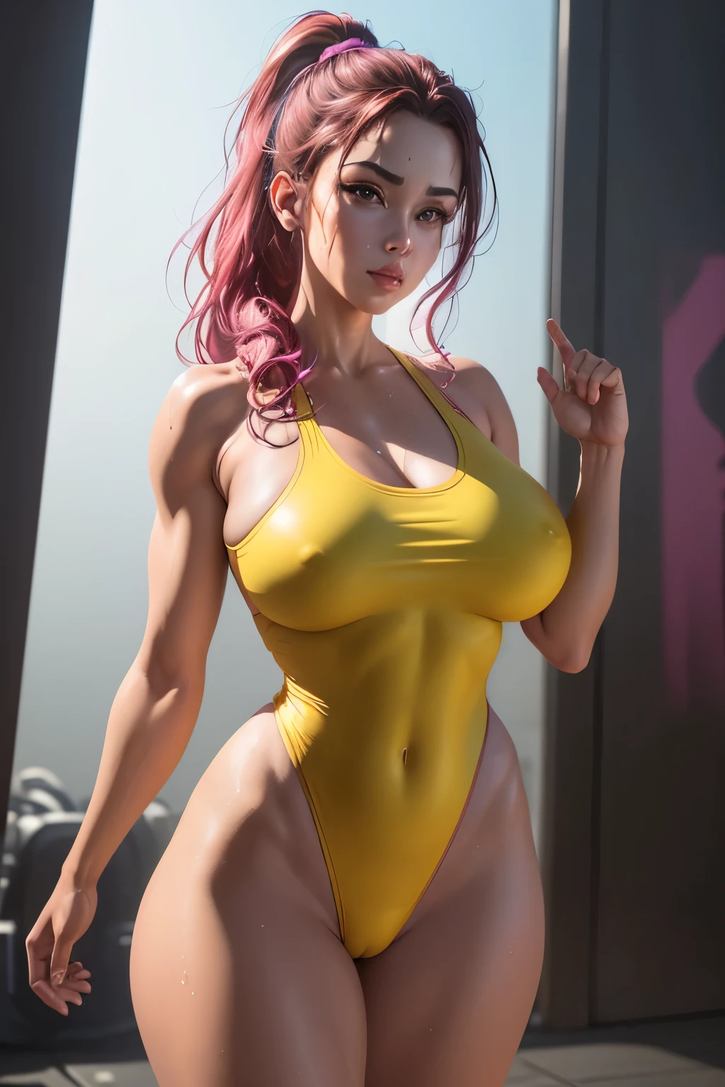 Alluring Beautiful 80's female in colorful gym leotard, amazing athletic body, tan skin, sweaty skin, color splash background, 80's theme, pop art styke, amazing colors, Fiverr Dnd Character, Octane Render, Digital Art, Extreme Detail, 4k, Ultra Hd, Polished, Beautiful, Hyperdetailed, Intricate, Elaborate, Meticulous, Photorealistic, Sharp Focus, Wlop, Character Design, Unreal Engine, 3d Rendered, Volumetric Lighting, Reflections, Glossy, Digital Illustration, Pose, Suggestive Pose, Lewd, Full Body Shot, large breasts, anatomically correct 💖❤💕💋❣