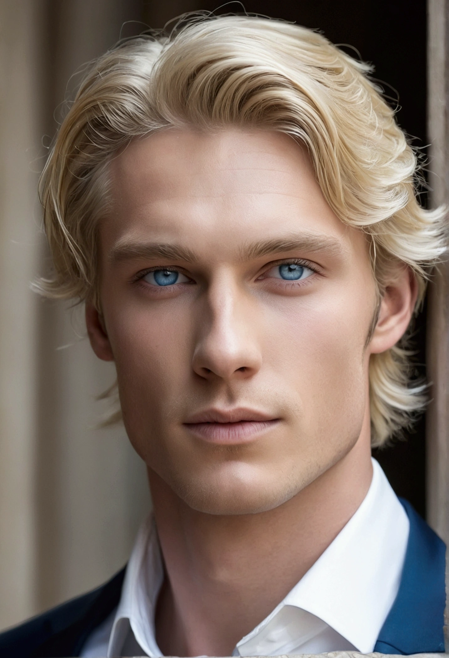 Frenchman with light grayish blue eyes, white skin, blonde hair, very handsome, athletic appearance,No beard or mustache