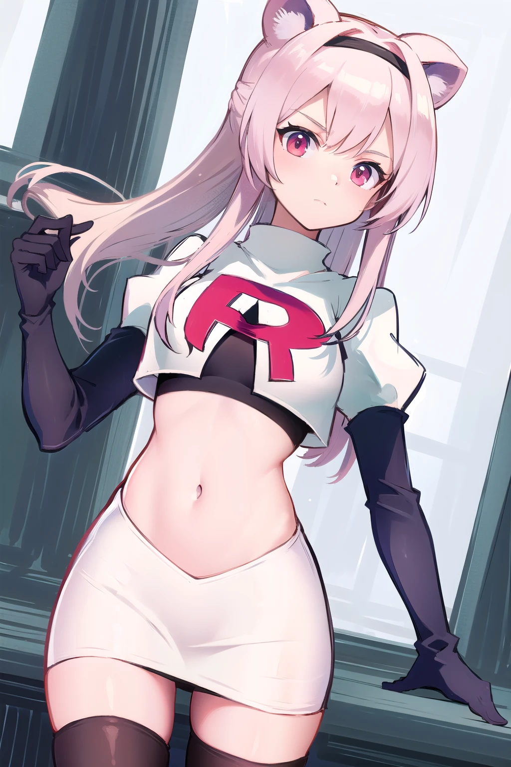 best quality,1girl,normal,cowboy shot,holding sword, team rocket,team rocket uniform,white skirt,red letter R,crop top,black thigh-highs,black elbow gloves