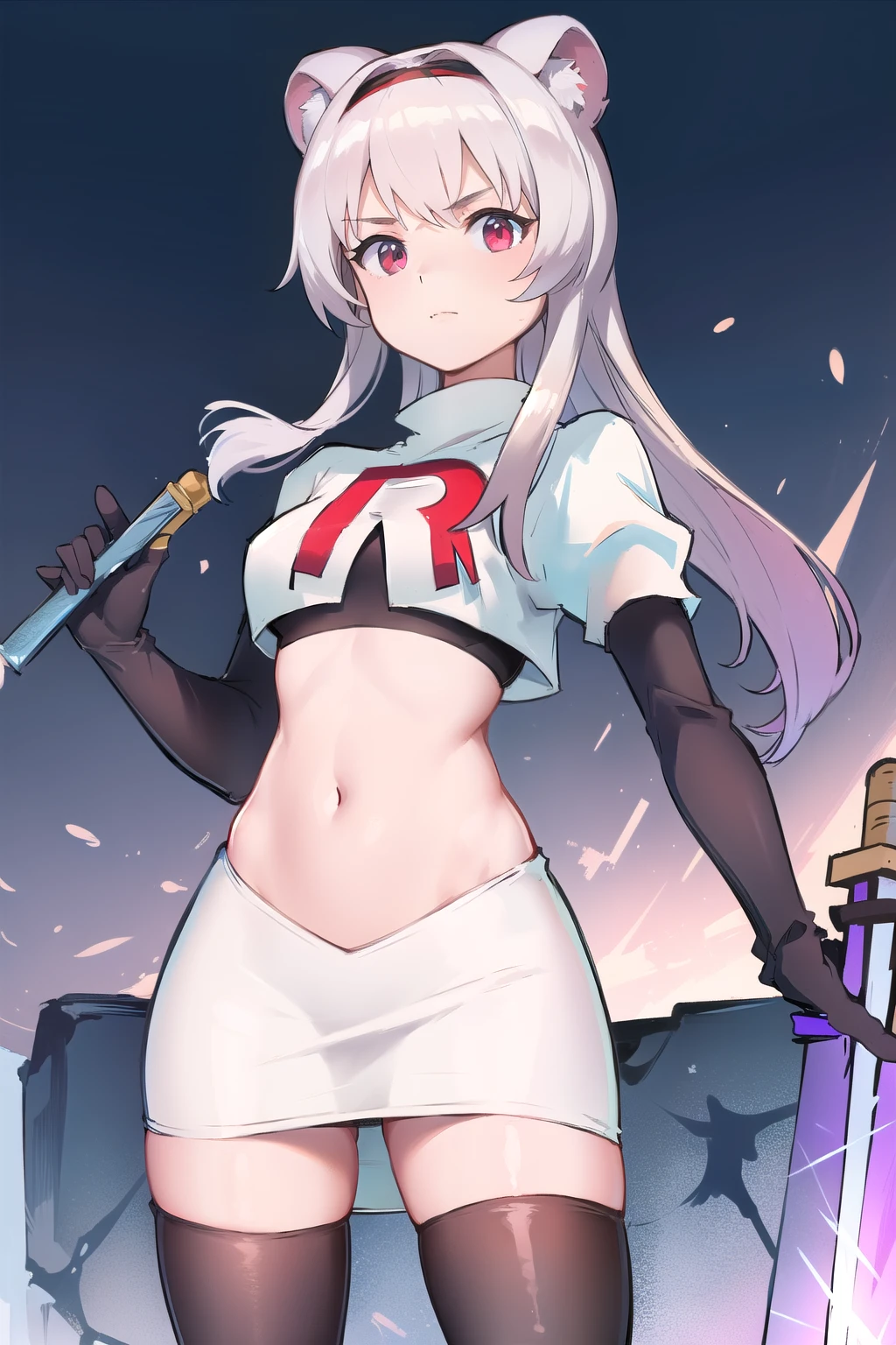 best quality,1girl,normal,cowboy shot,holding sword, team rocket,team rocket uniform,white skirt,red letter R,crop top,black thigh-highs,black elbow gloves