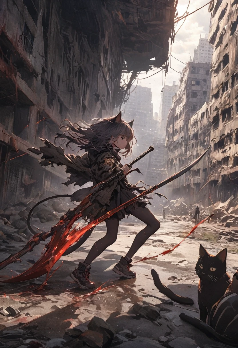 Detailed silhouette of a cyberpunk girl with cat ears and a tail, Flowing, Tattered coat, Has a giant blood scythe containing mechanical design, Stand on the glossy, Minimalist reflective surface, Abandoned cityscape background, Battle Scenes, Swinging a mechanical scythe,