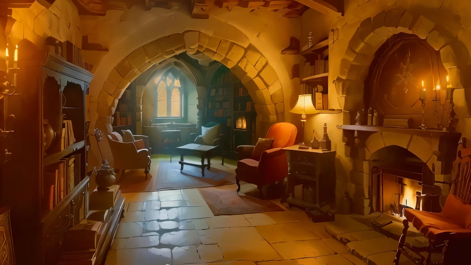 a pretty catle room full of medieval castle objects, a fireplace, book shelf, cahirs, a window in winter, fantasy castle, high resolution